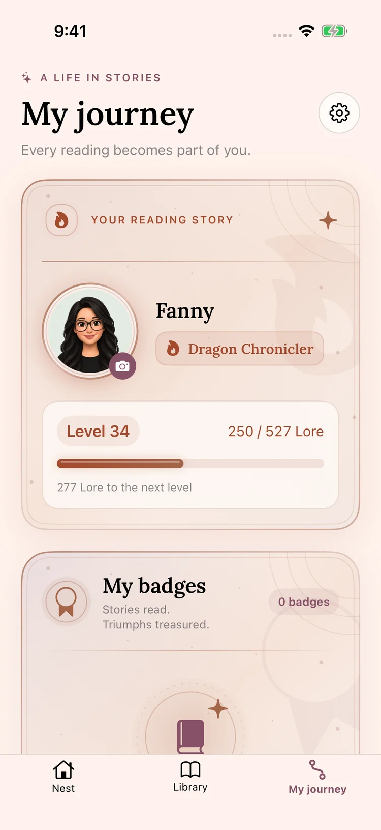 Fanny’s level 34 Dragon Chronicler profile with the accepted black-haired, glasses-wearing Memoji-inspired avatar on My Journey