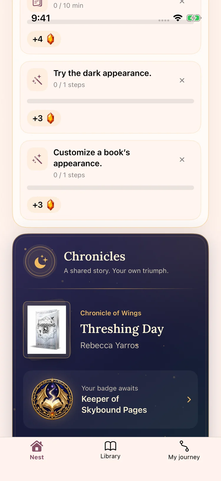 Reading Scroll quests with Amber rewards and a Chronicle book challenge in DragonBooks